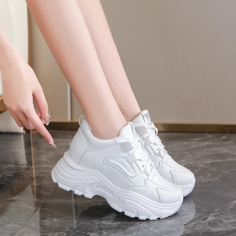 Sneakers femme plateforme blanc printemps 2024 semelle épaisse cuir PU respirant pour pêche sport
