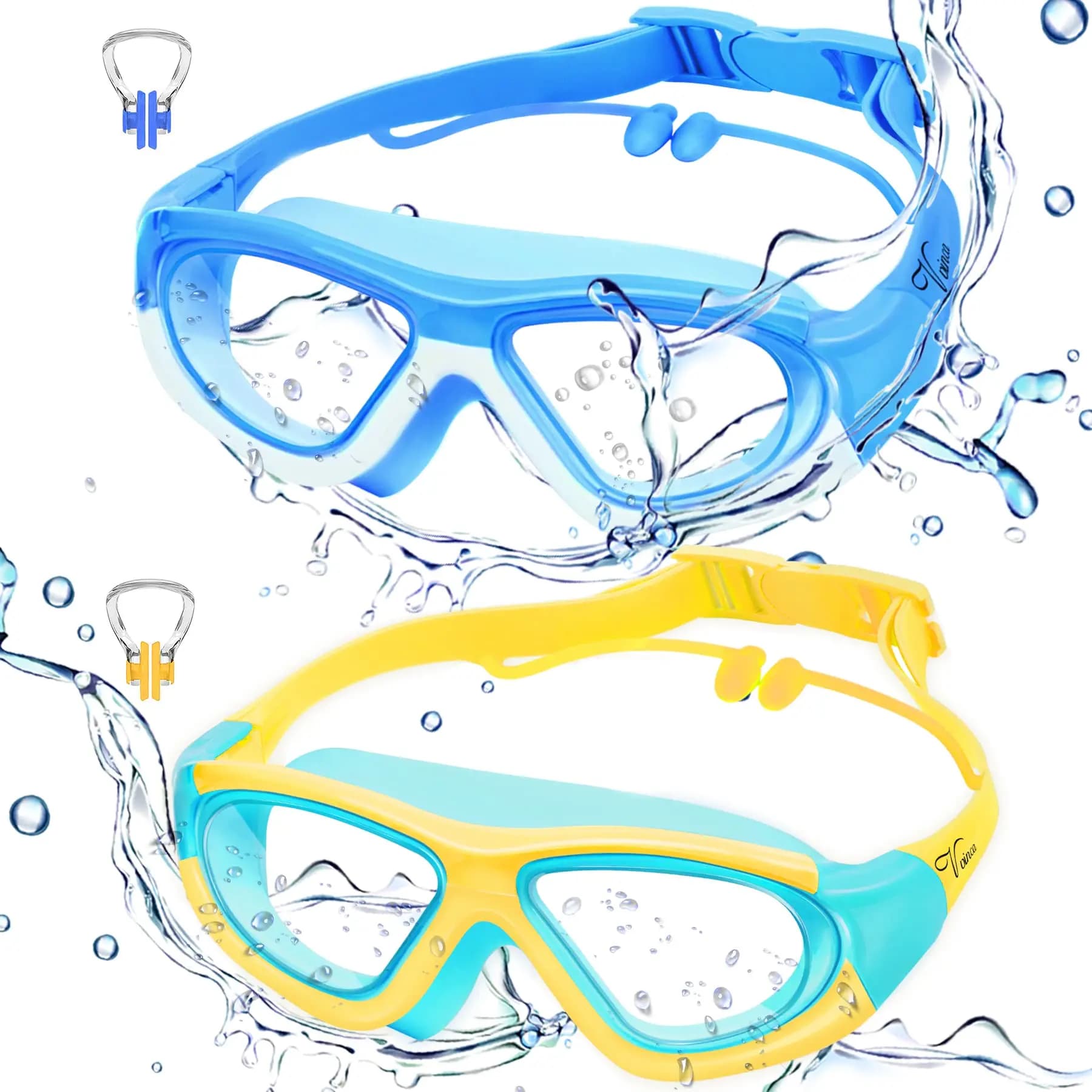 Lunettes de natation enfants grand cadre anti-buée étanches avec bouchons d'oreilles