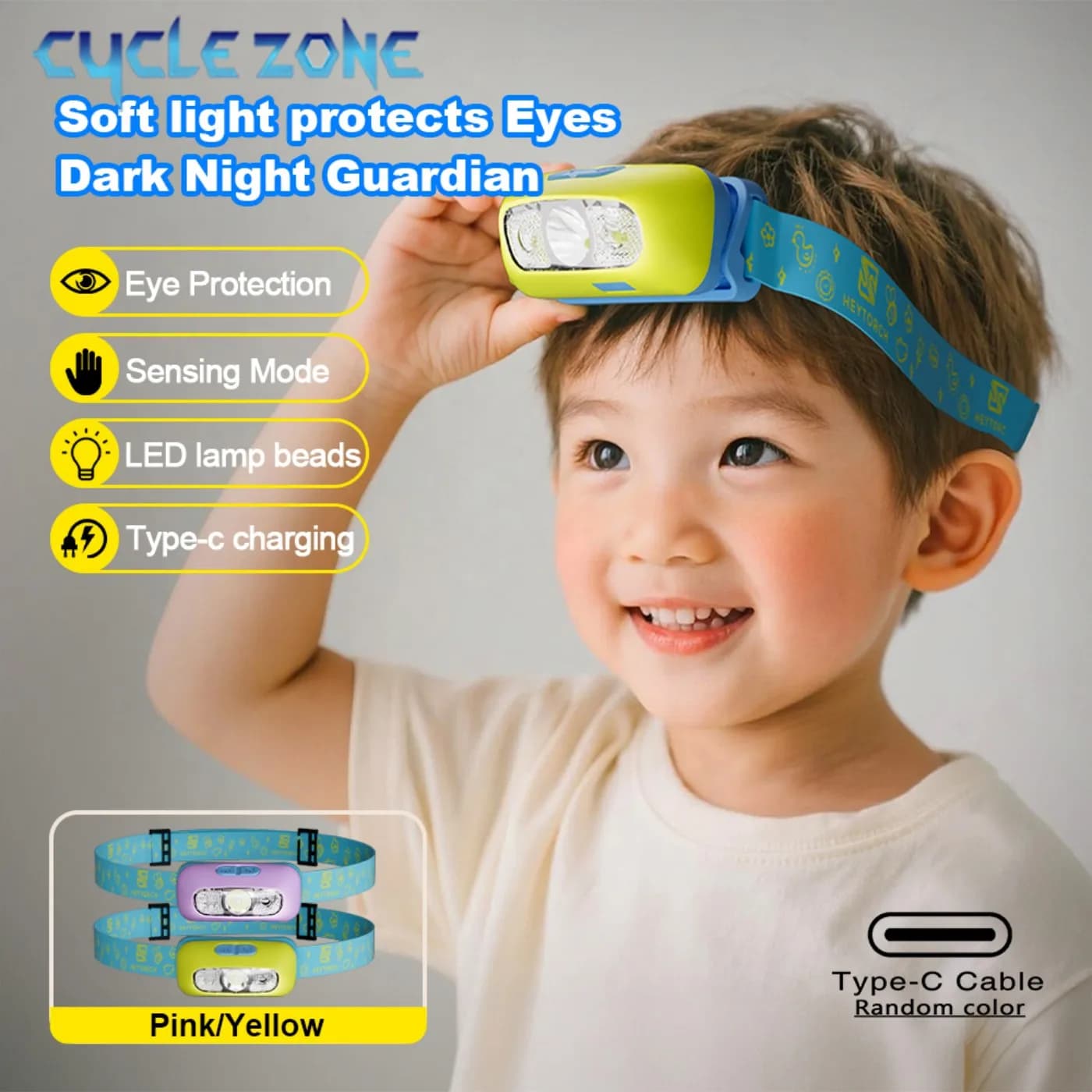Lampe frontale enfant avec capteur de mouvement - Rechargeable Type-C pour pêche et activités extérieures