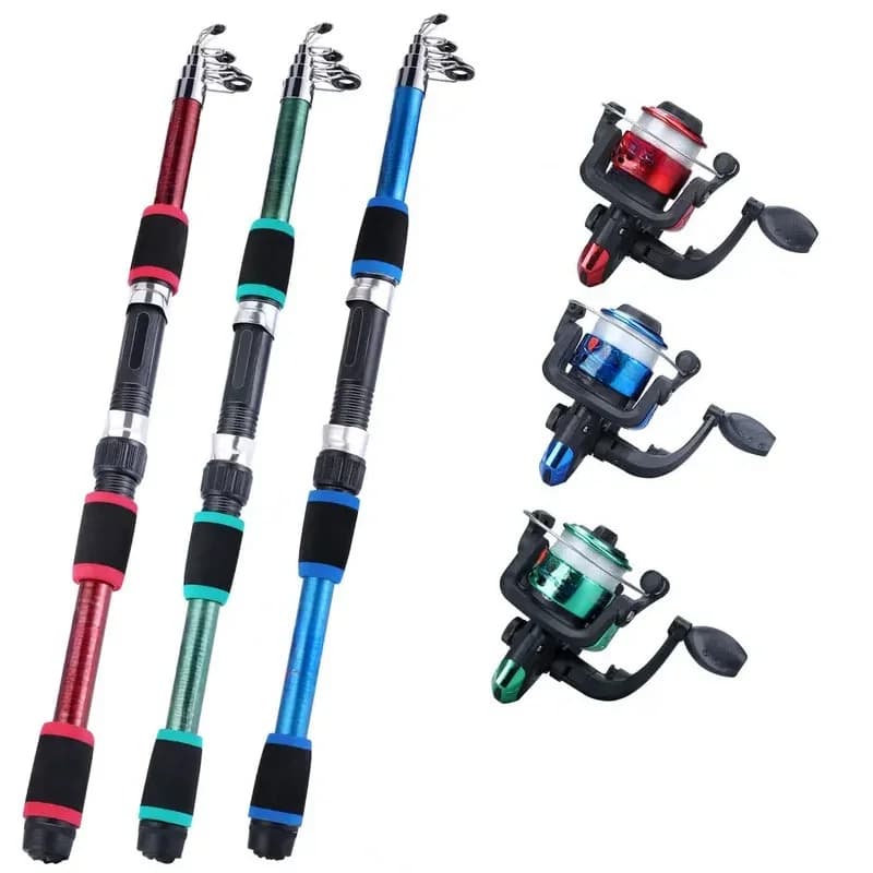 Kit complet pêche avec canne télescopique et moulinet spinning, appâts et hameçons inclus