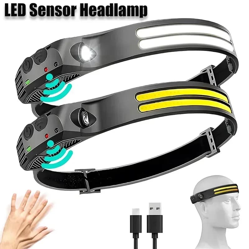 Lampe frontale LED rechargeable USB XPE+COB avec détecteur étanche pour pêche et camping