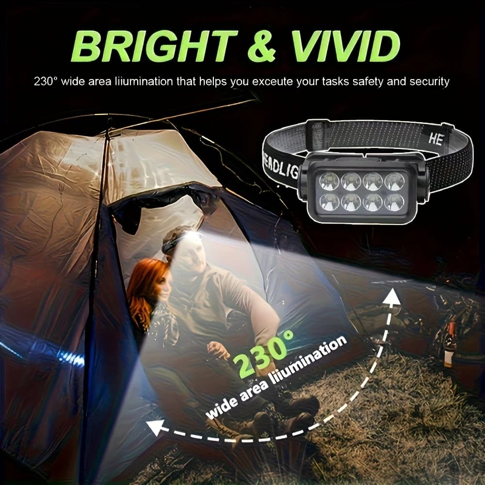 Lampe frontale rechargeable avec capteur de mouvement : 8 LEDs ultra-légères, 5 modes pour pêche et outdoor