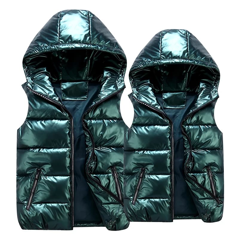 Gilet capuchon brillant homme femme enfant - Veste sans manches chaude hiver capuche coton casual
