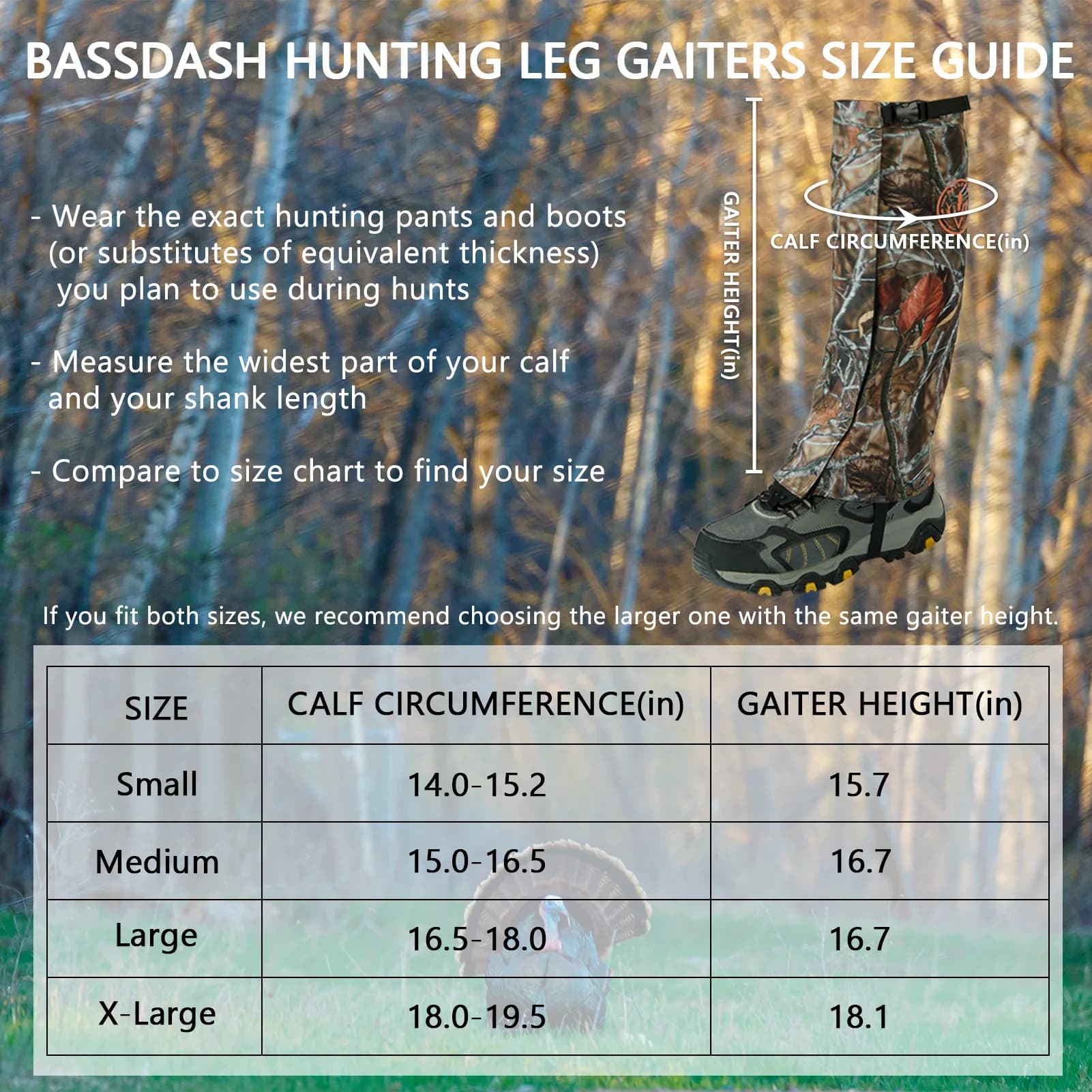 Guêtres de chasse camouflage imperméables BASSDASH avec semelles amovibles pour randonnée pêche