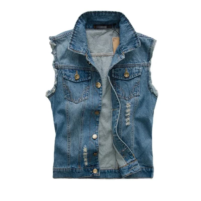 Gilet denim pêche décontracté grande taille 6XL - Veste jeans déchirée bleu clair noir mode pêcheur