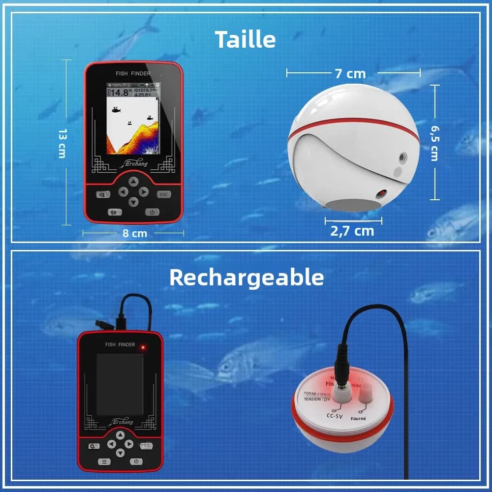 Sonar de pêche sans fil Erchang 60m profondeur - Détecteur de poissons portable rechargeable pour pêche en mer