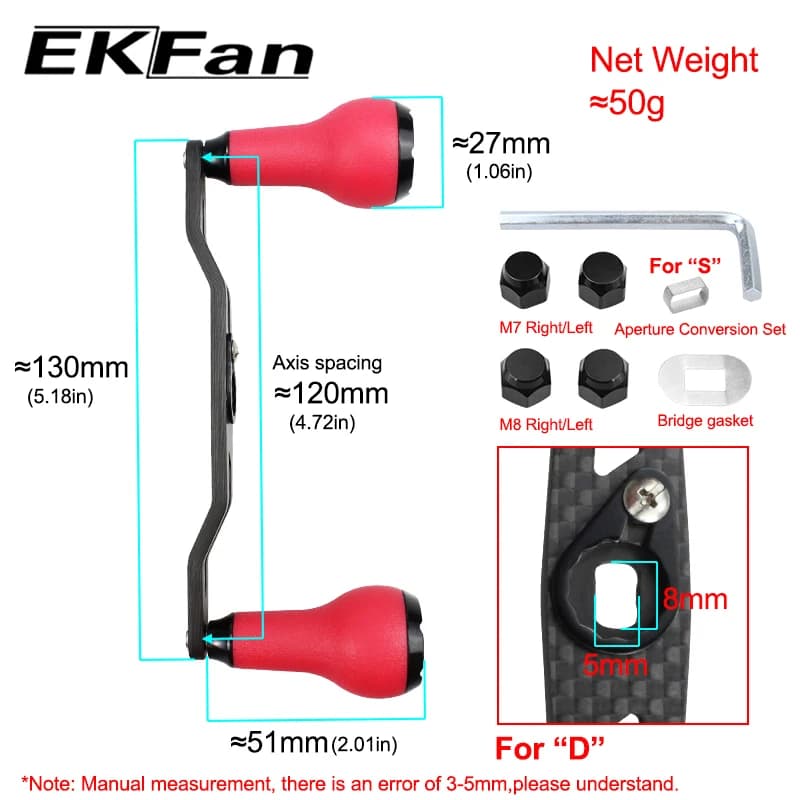 Manivelle carbone 130mm pour moulinet pêche EKfan avec poignée TPE, compatible SHIMANO et DAIWA, accessoire pêche