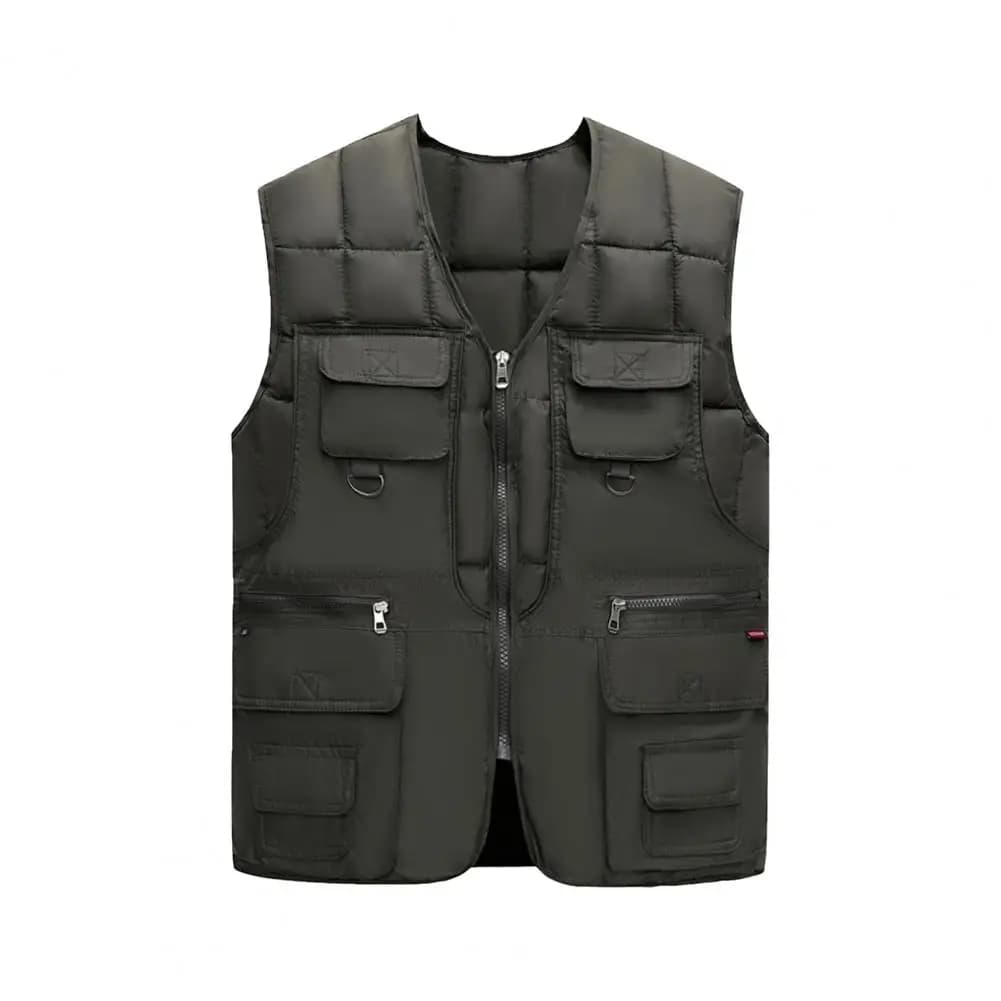 Gilet homme sans manches duvet 10 poches cargo zippé coupe-vent chaud veste multi-poches pêche
