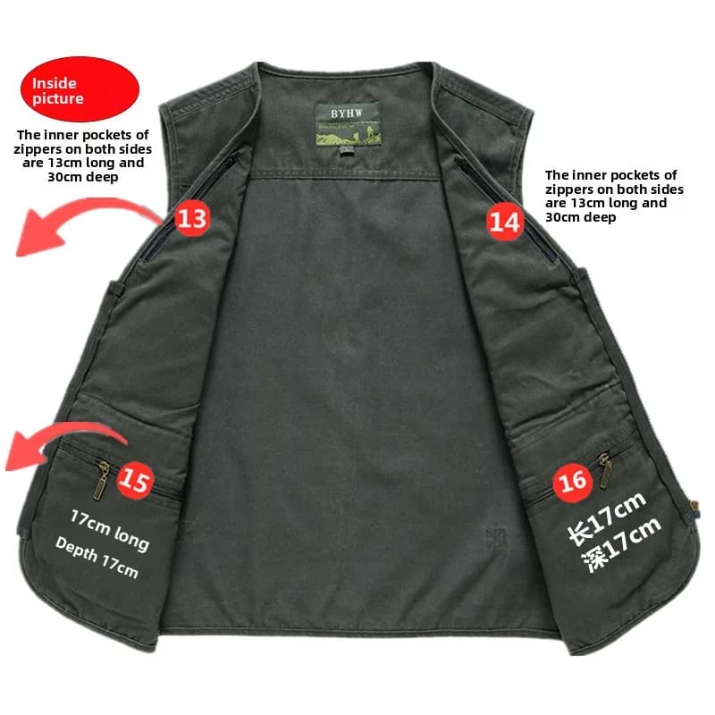 Veste homme multi-poches sans manches grande taille 10XL pêche travail extérieur printemps