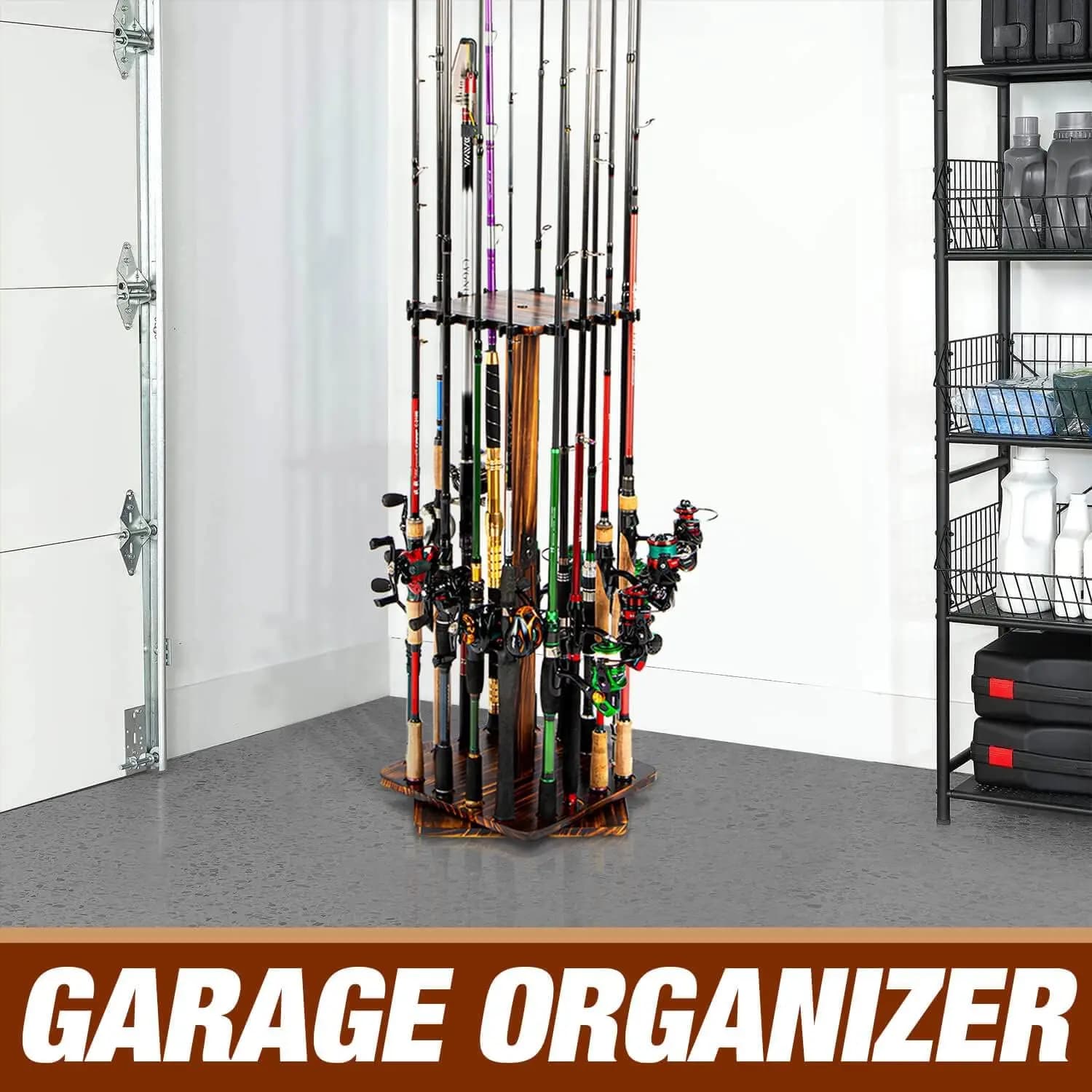 Support de cannes à pêche rotatif 360° pour garage - Rack sol pour 16 cannes - Organisation pêche