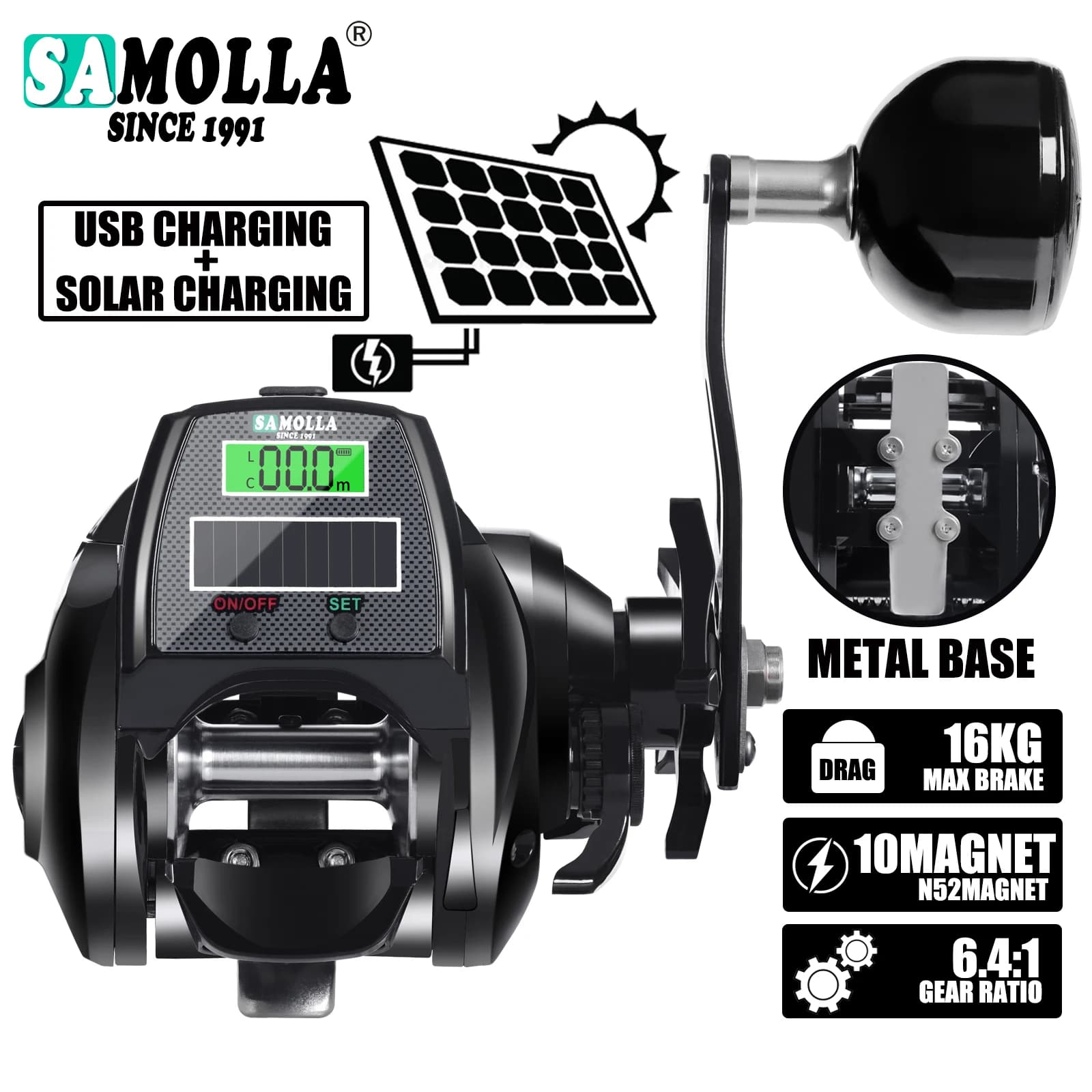 Moulinet électronique SAMOLLA grande taille recharge solaire USB pour pêche profonde et glace