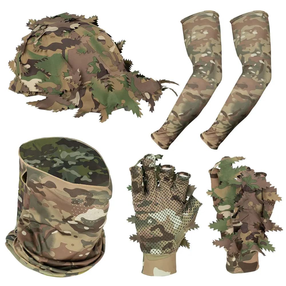 Set camouflage pêche Outdoor CP : casquette feuilles, gants tactiques, manches soie glacée, masque demi-visage
