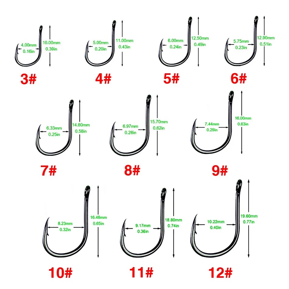 100 Hameçons anneau œillet tailles 3-12# - Crochets circle acier carbone pour carpe et pêche générale