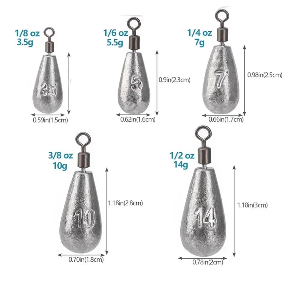 Plombs de pêche 10pcs 3.5g à 20g - Poids goutte d'eau pour tous types de pêche - Accessoires pêche