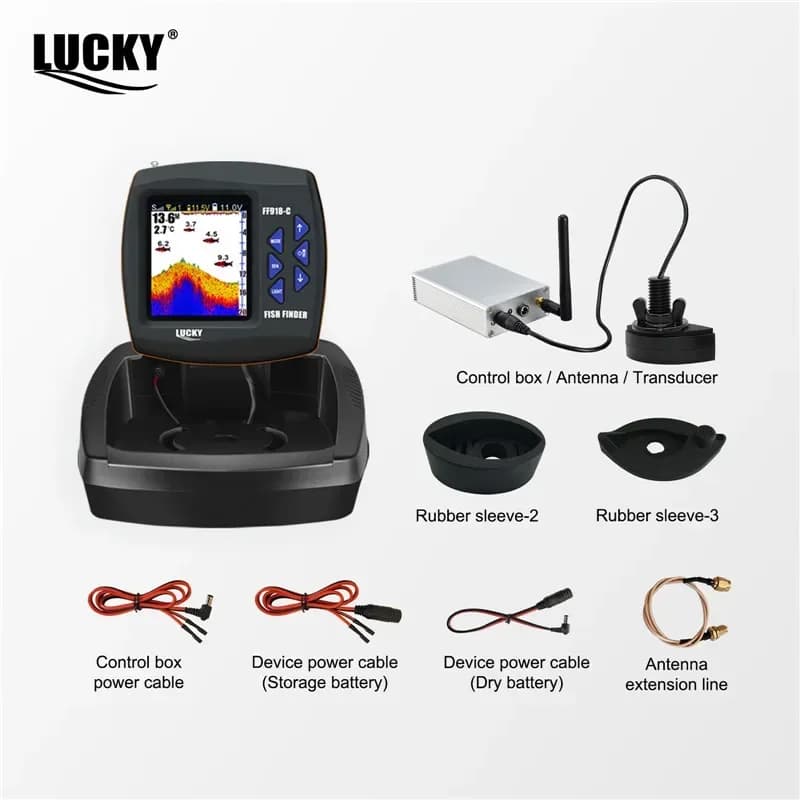 Bateau appât télécommandé Lucky FF918-CWL avec sondeur poissons 3.5" LCD portée 300m profondeur 100m