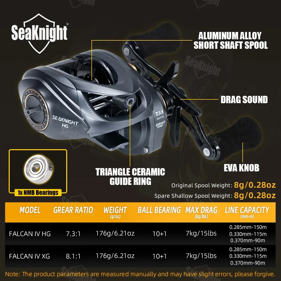 Moulinet baitcasting SeaKnight FALCAN IV ultraléger 176g frein carbone 7kg pour pêche aux leurres carnassiers
