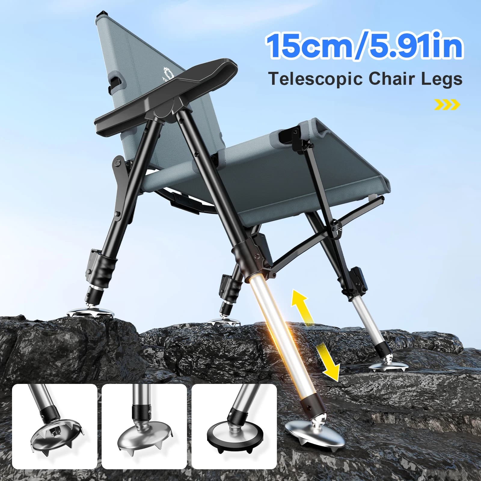 Chaise de pêche pliante tout terrain - Siège portable réglable avec pieds télescopiques légers