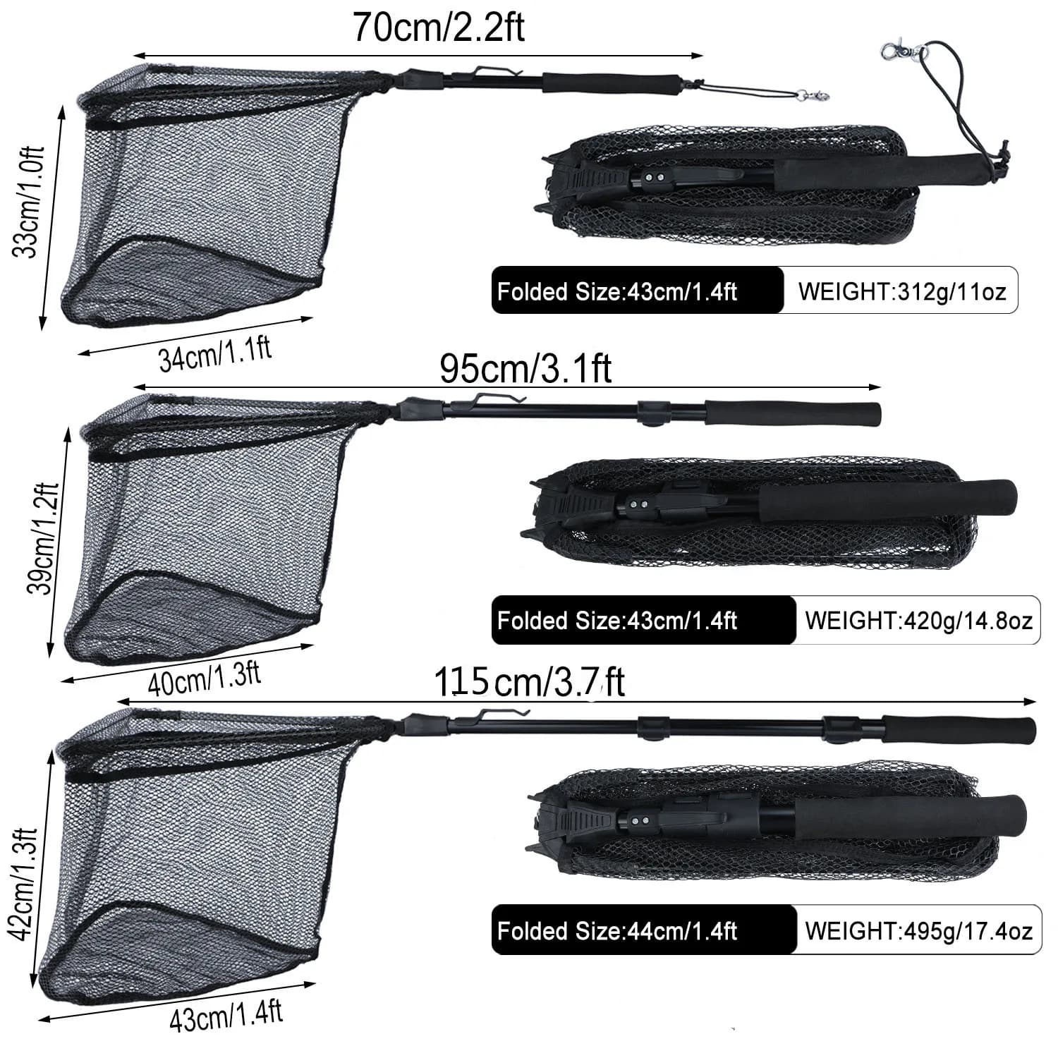 Filet de pêche Sougayilang rétractable pliable portable 70cm 95cm 115cm pour carnassiers