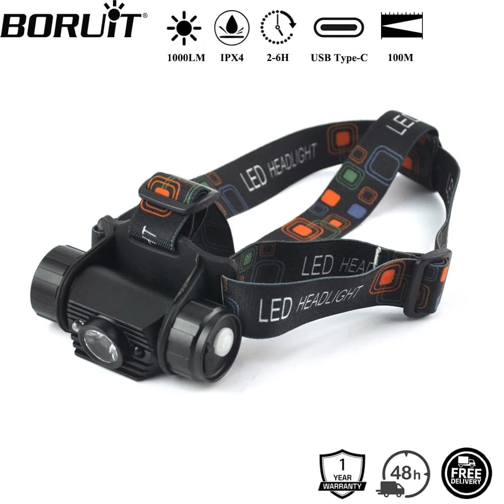 Lampe frontale pêche BORUiT 020 détecteur mouvement 1000LM rechargeable Type-C étanche chasse