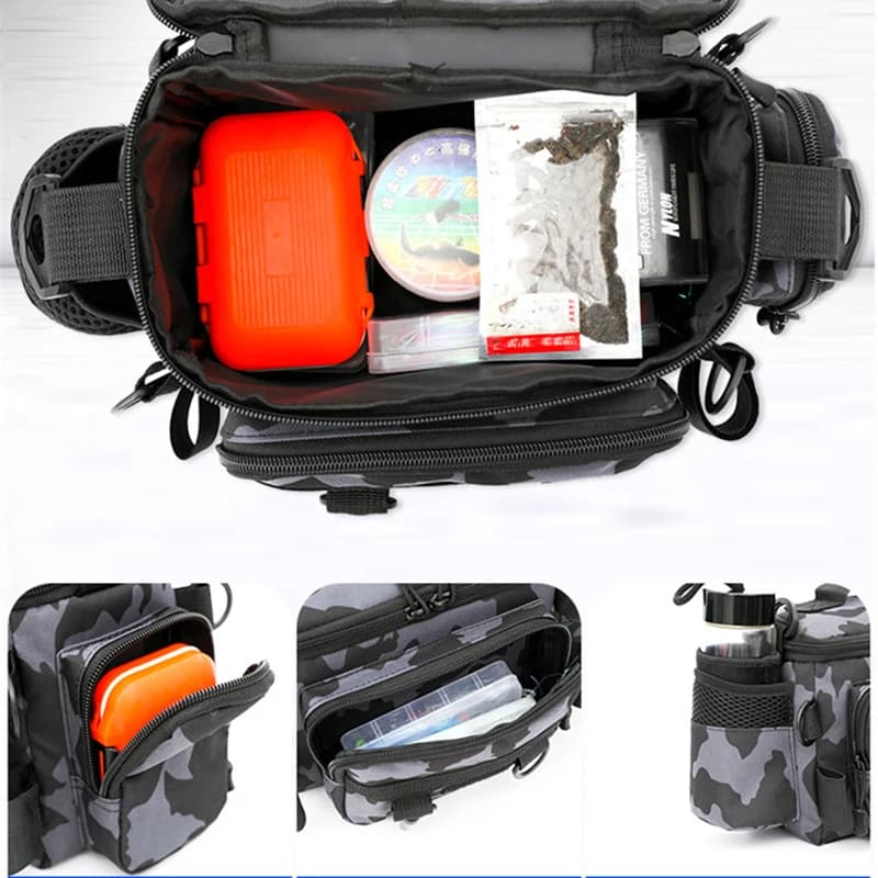 Sac ceinture pêcheur noir rangement matériel pêche porte-canne intégré sport extérieur pêche nomade
