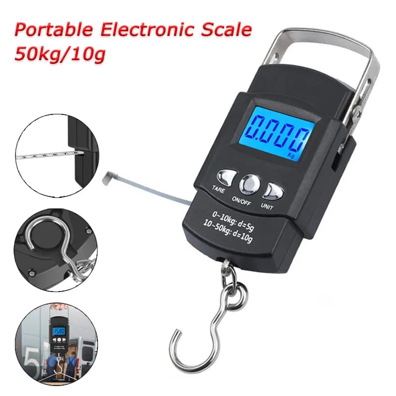 Balance électronique portable pêche 50kg/10g avec mètre ruban LCD - Pèse-poisson numérique accrocheur