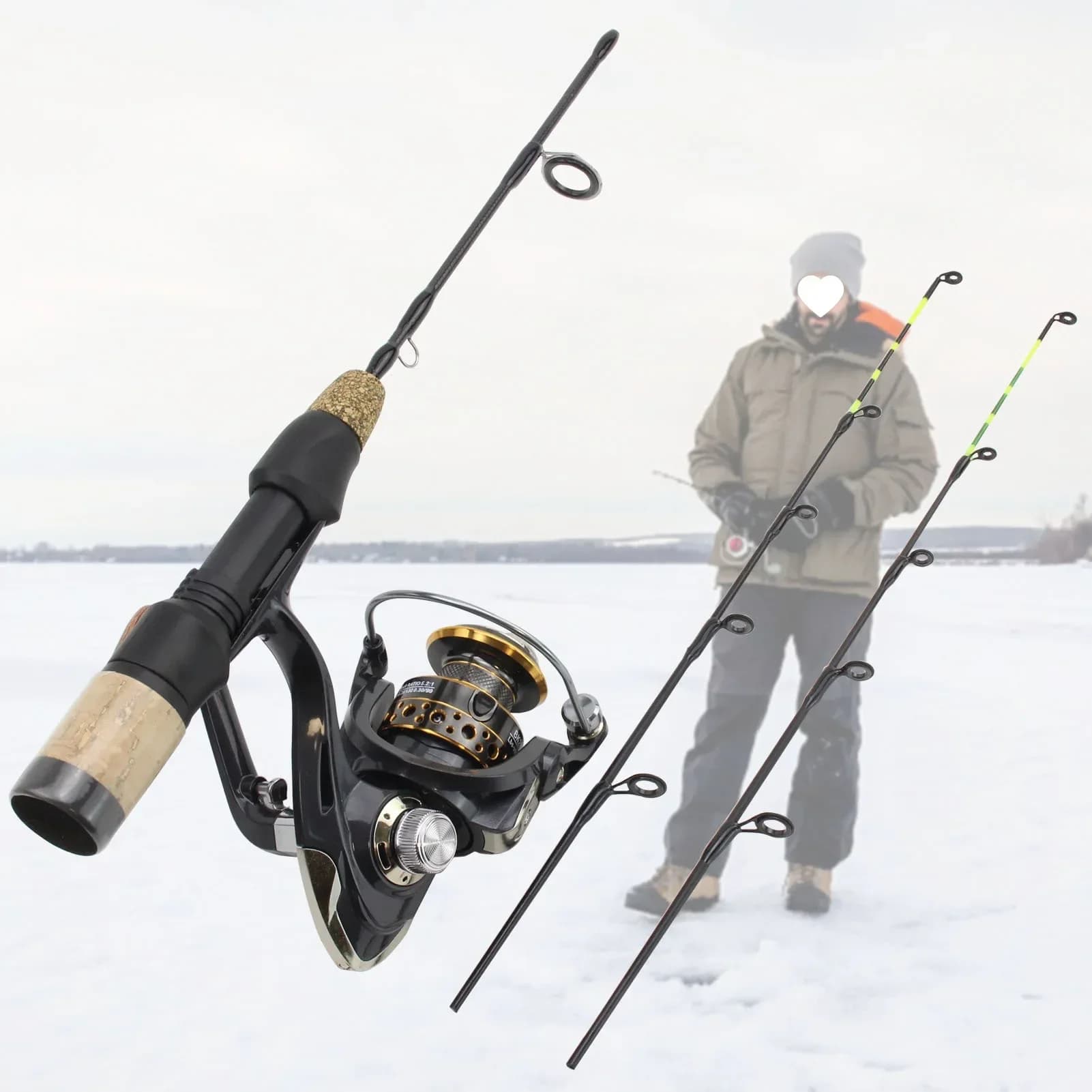 Combo canne télescopique 60cm 2 brins pêche hiver glace carbone moulinet set complet - Équipement hivernal