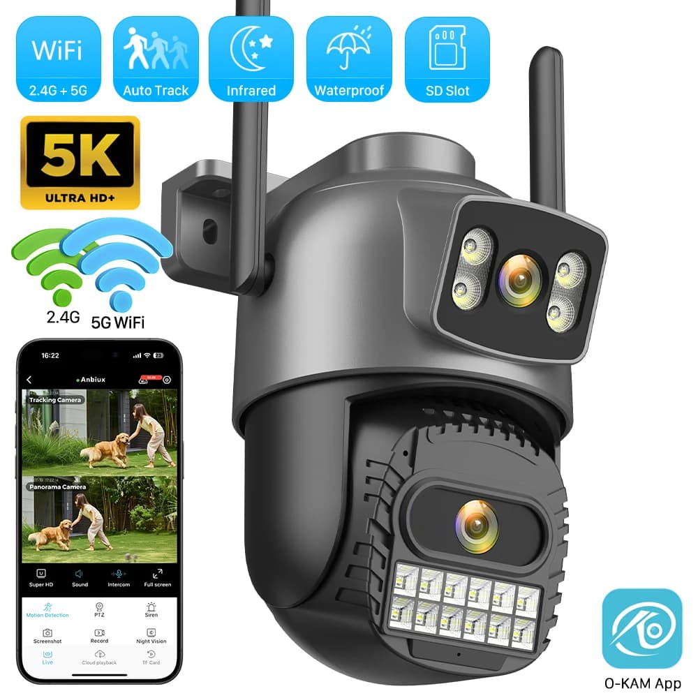 Caméra de surveillance extérieure WiFi 10MP 5K double objectif - Détection IA humaine PTZ automatique