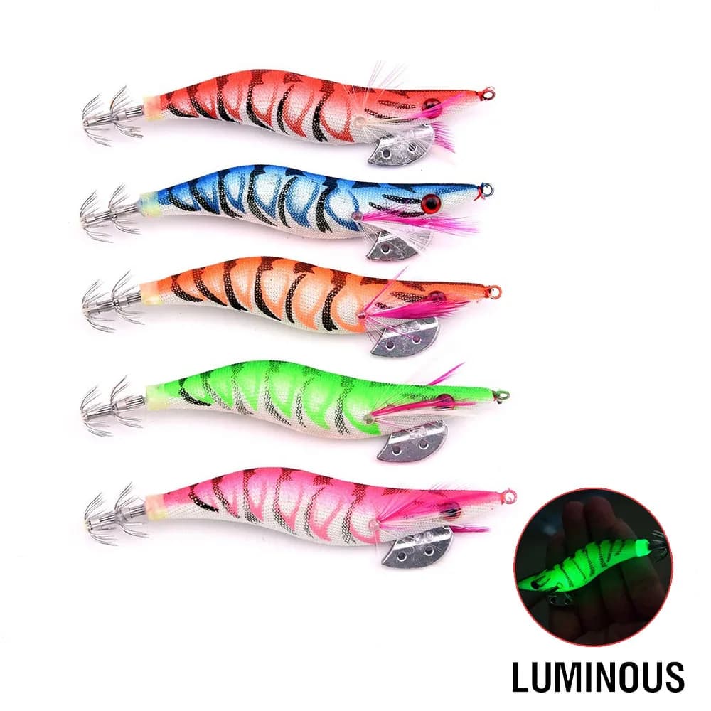 Lot de 5 leurres durs luminescents crevette calmar pêche en mer appât wobbleur avec yeux 3D