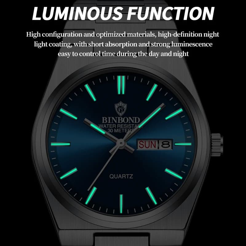Montre homme luxe BINBOND quartz acier inoxydable étanche affichage date semaine lumineuse business