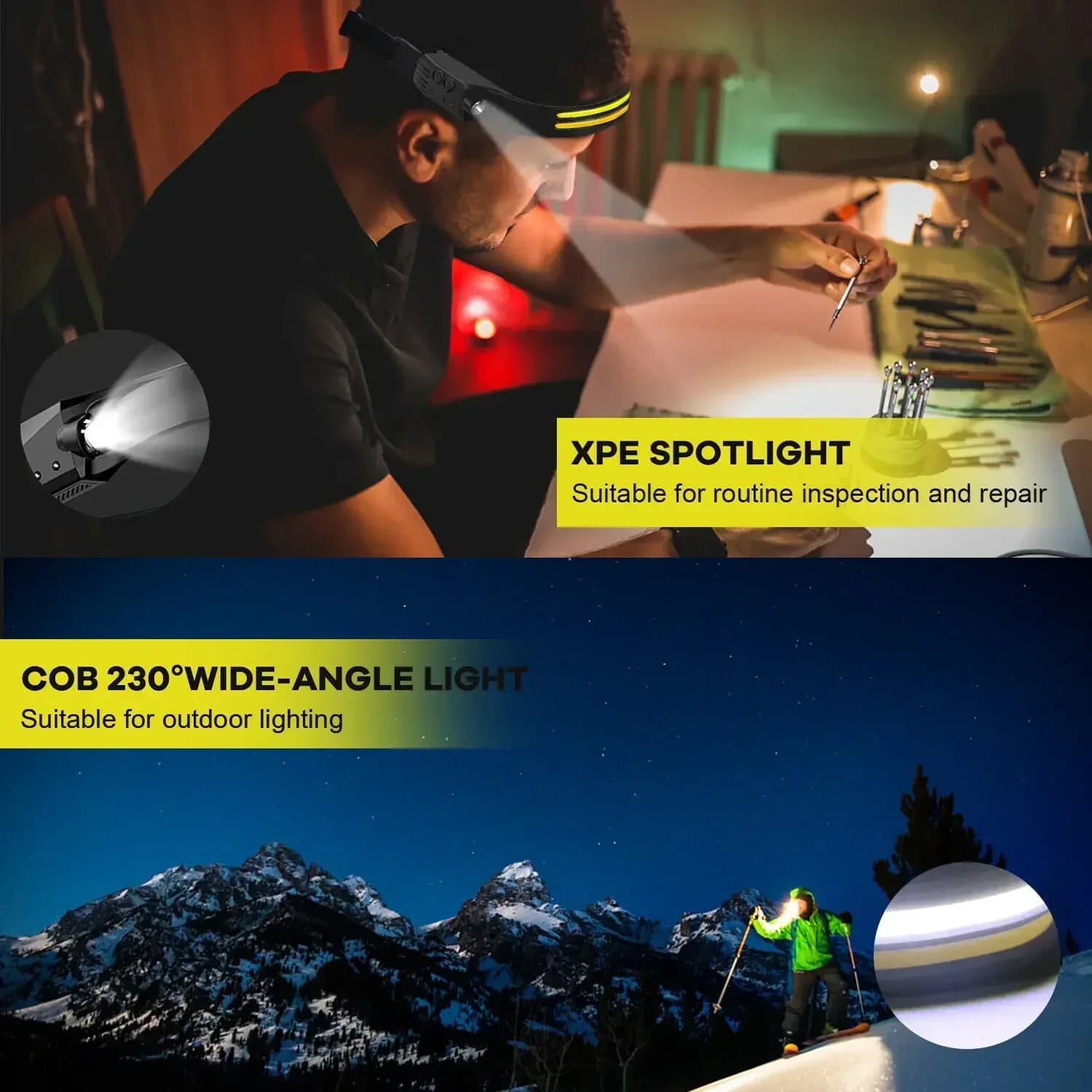 Lampe frontale LED rechargeable USB XPE+COB avec détecteur étanche pour pêche et camping
