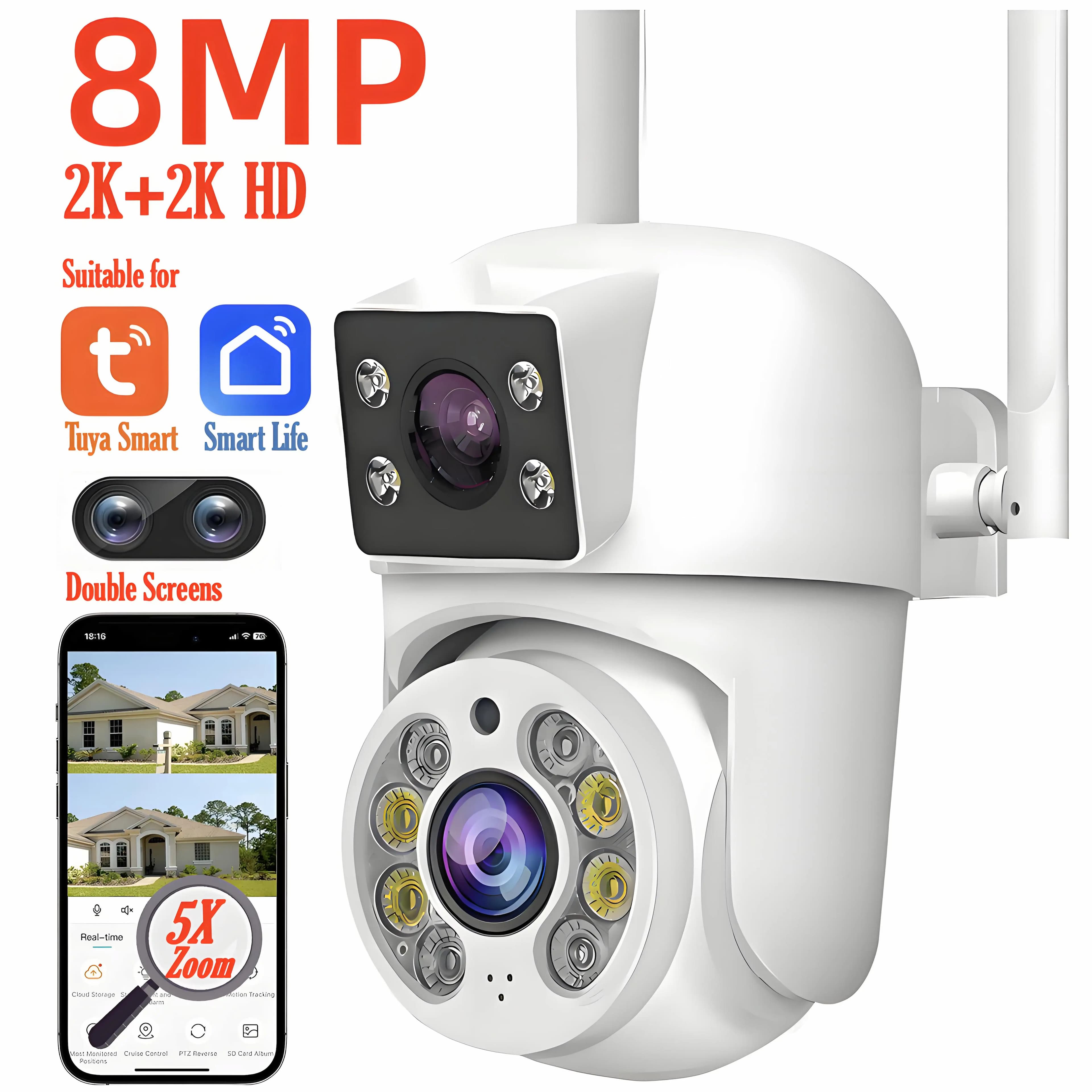 Caméra surveillance extérieure Tuya 8MP PTZ double lentille vision nocturne couleur pour sécurité pêche