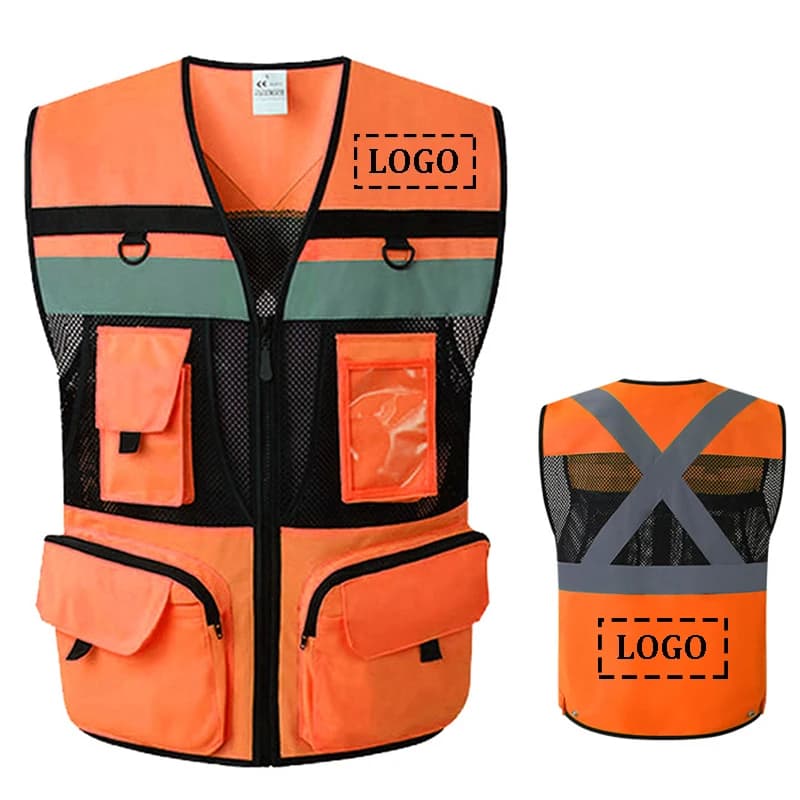 Gilet police circulation orange avec poches - Veste travail construction personnalisable - Équipement sécurité pêche