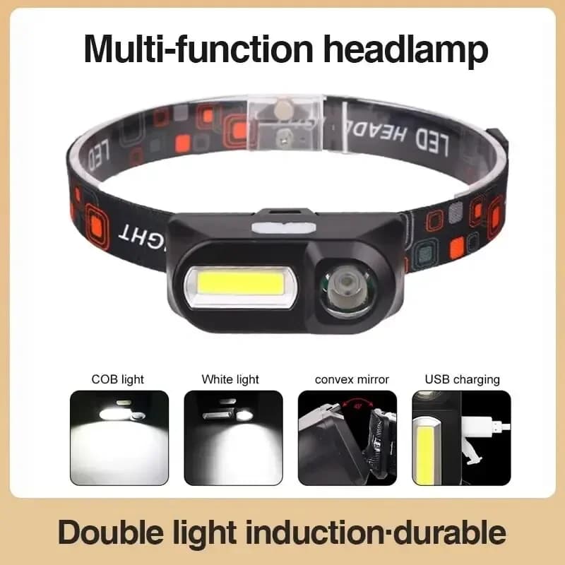 Frontal COB multifonction rechargeable USB pour pêche nocturne en extérieur