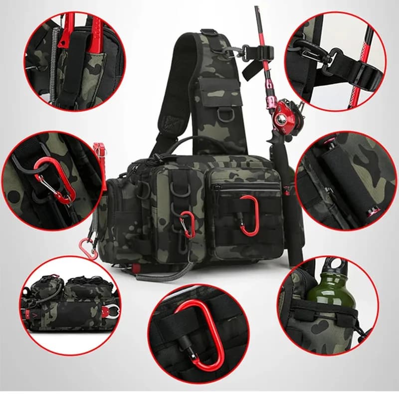 Sac bandoulière pêche avec porte-canne portable - Sac de rangement matériel pêche sport outdoor