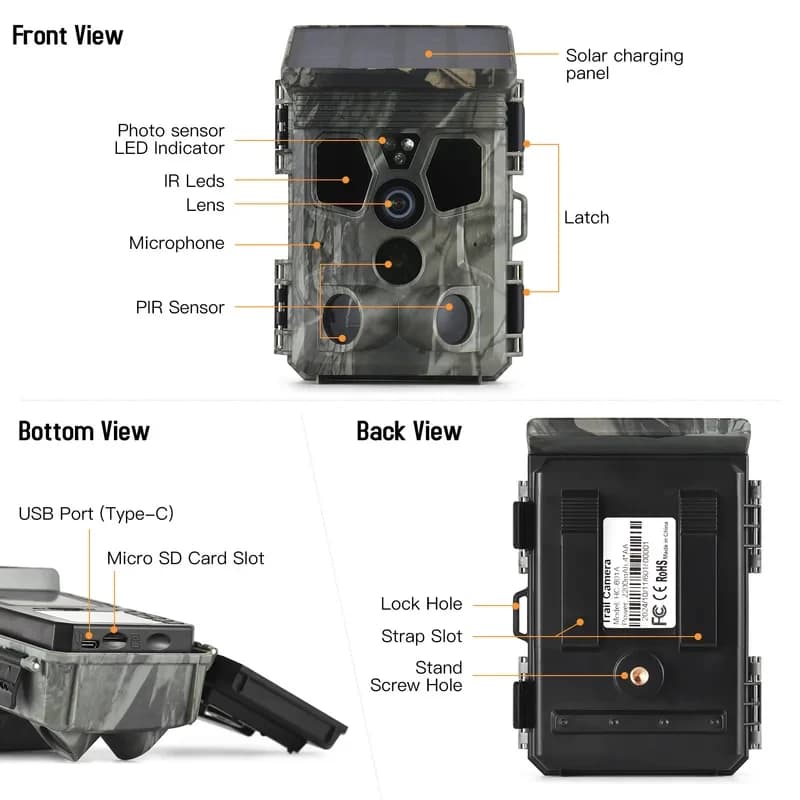 Caméra de chasse solaire 4K 50MP grand angle 120° vision nocturne étanche surveillance faune