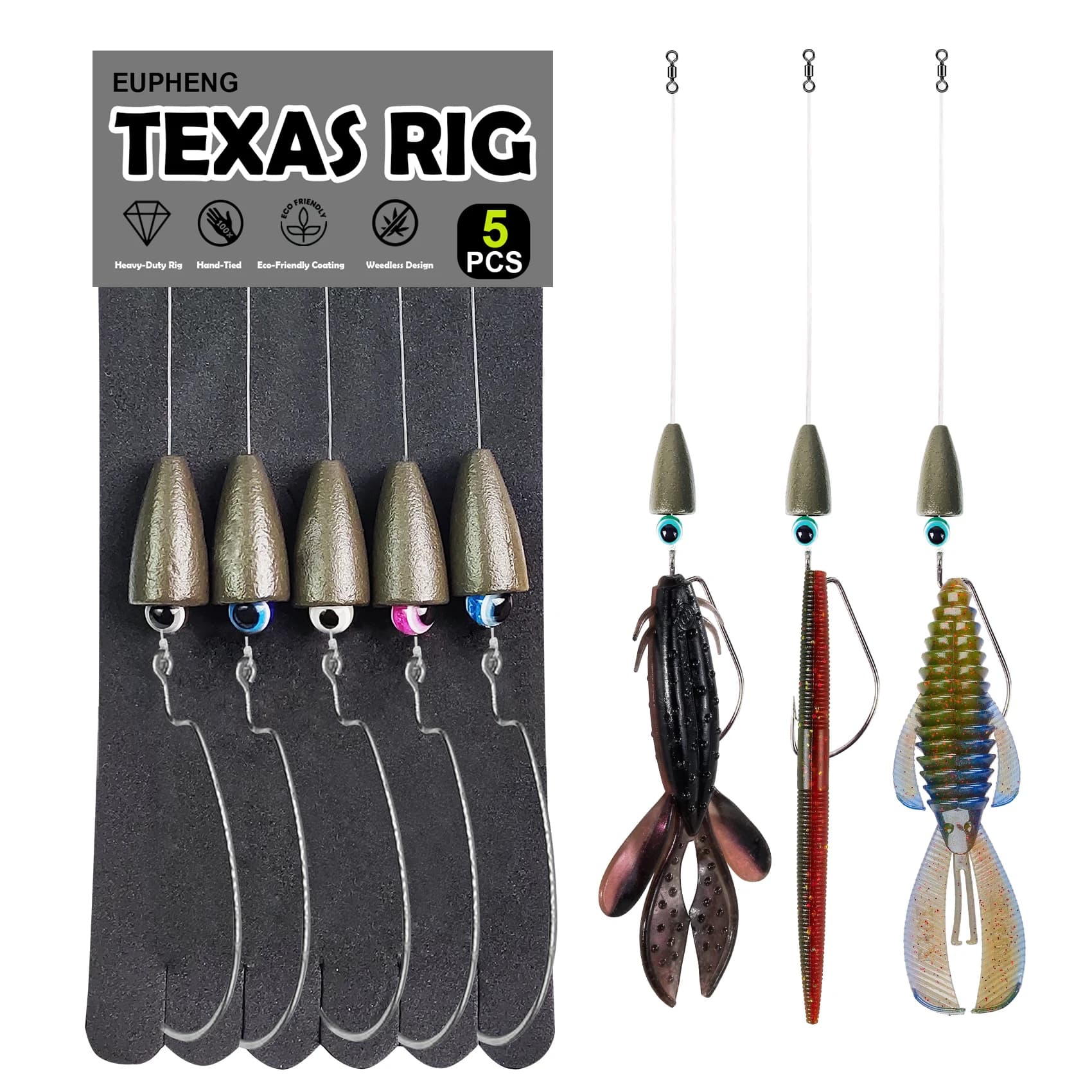 Set de 5 Texas Rigs pré-montés Eupheng pour pêche du black bass - hameçons et plombs inclus