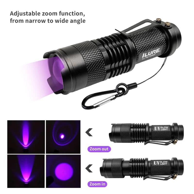 Lampe UV 395nm zoomable pour leurres de pêche et appâts fluorescents pour carnassiers