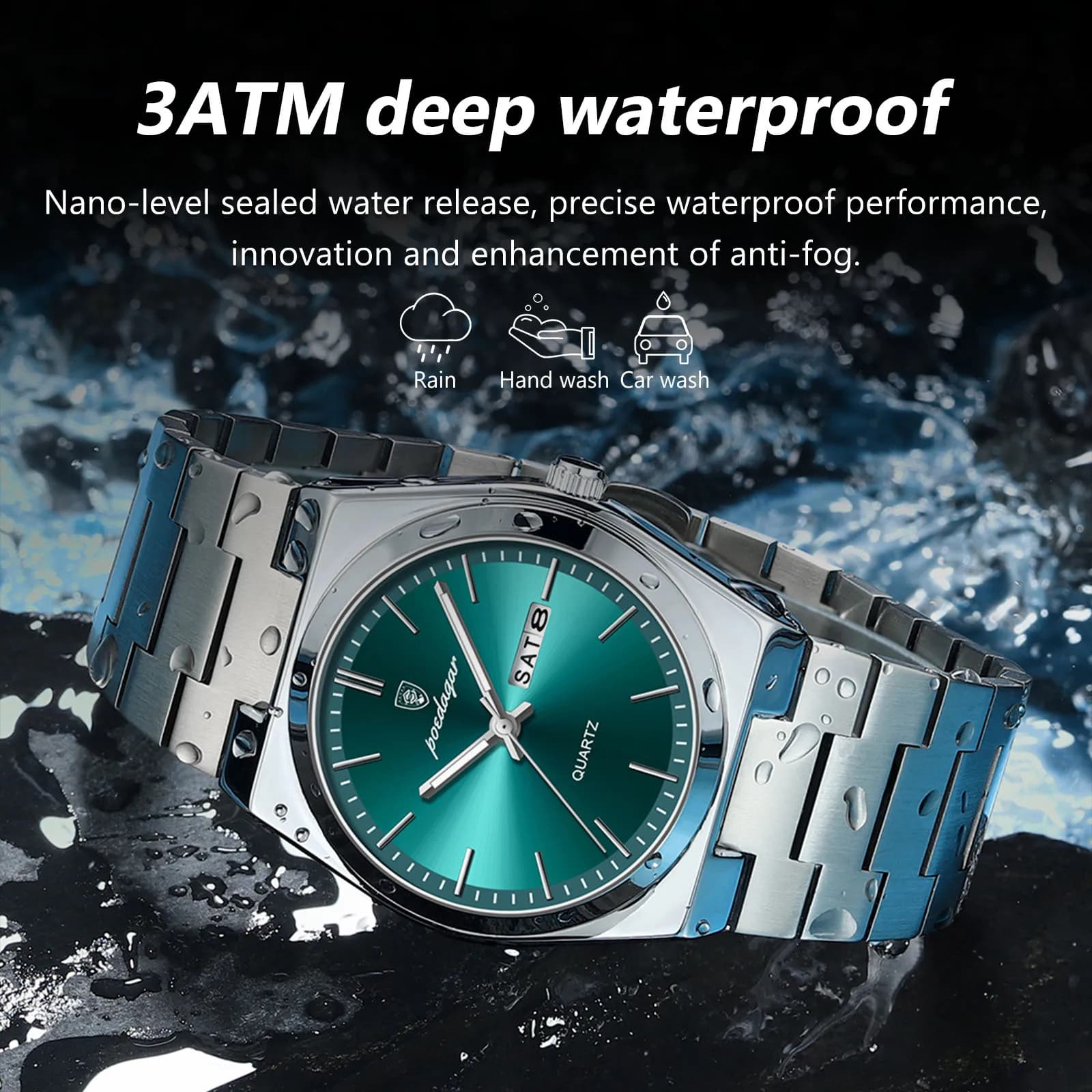 Montre homme de luxe étanche lumineuse avec date et semaine - Bracelet acier inoxydable quartz fashion casual