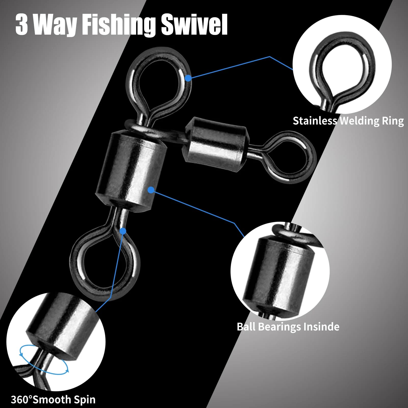 Swivels 3 Way 25-100Pcs - Émerillons Triple pour Pêche Traîne, Chat et Mer