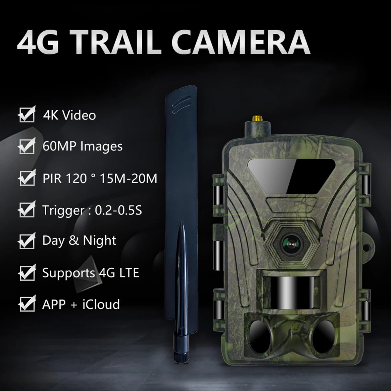 Caméra 4G 4K 60MP avec carte SIM déclenchement rapide vision nocturne pour surveillance pêche