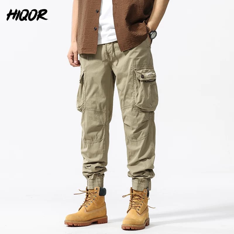 Pantalon cargo coton ample HIQOR homme baggy loose Y2k surdimensionné pêche travail outdoor