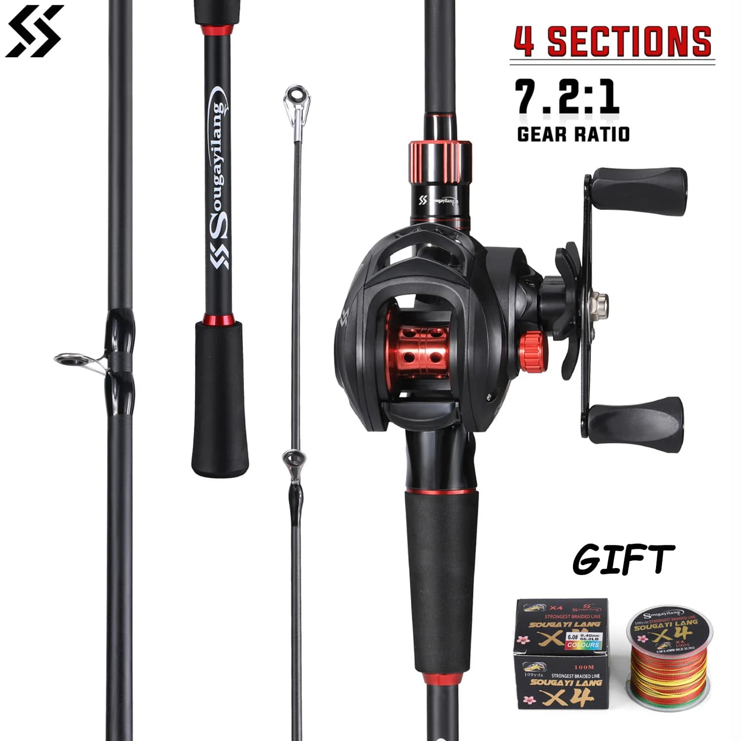 Combo Canne à Pêche et Moulinet Sougayilang 1.8~2.1m Fibre de Carbone - Ratio 7.2:1 avec Cadeau pour Pêche Sportive