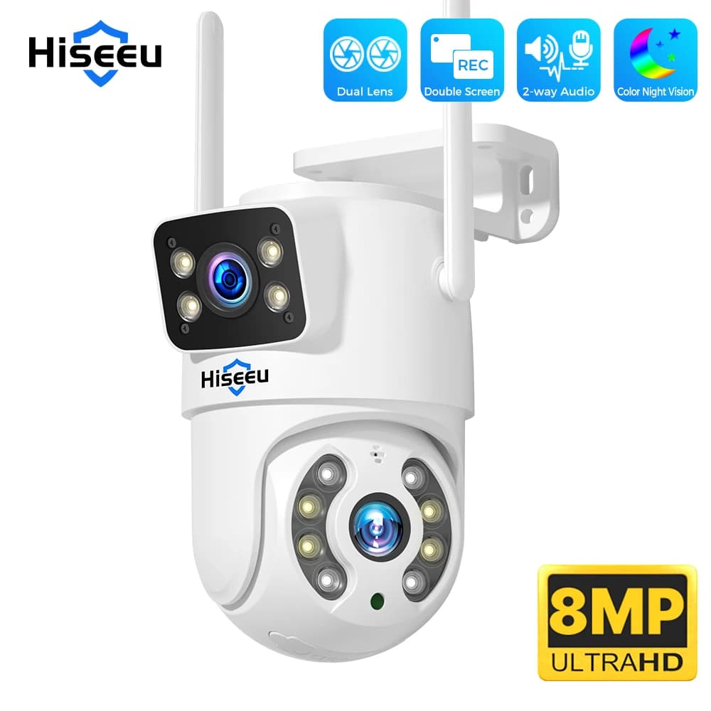 Caméra surveillance Hiseeu 4K 8MP WiFi extérieure double objectif zoom numérique détection IA ONVIF