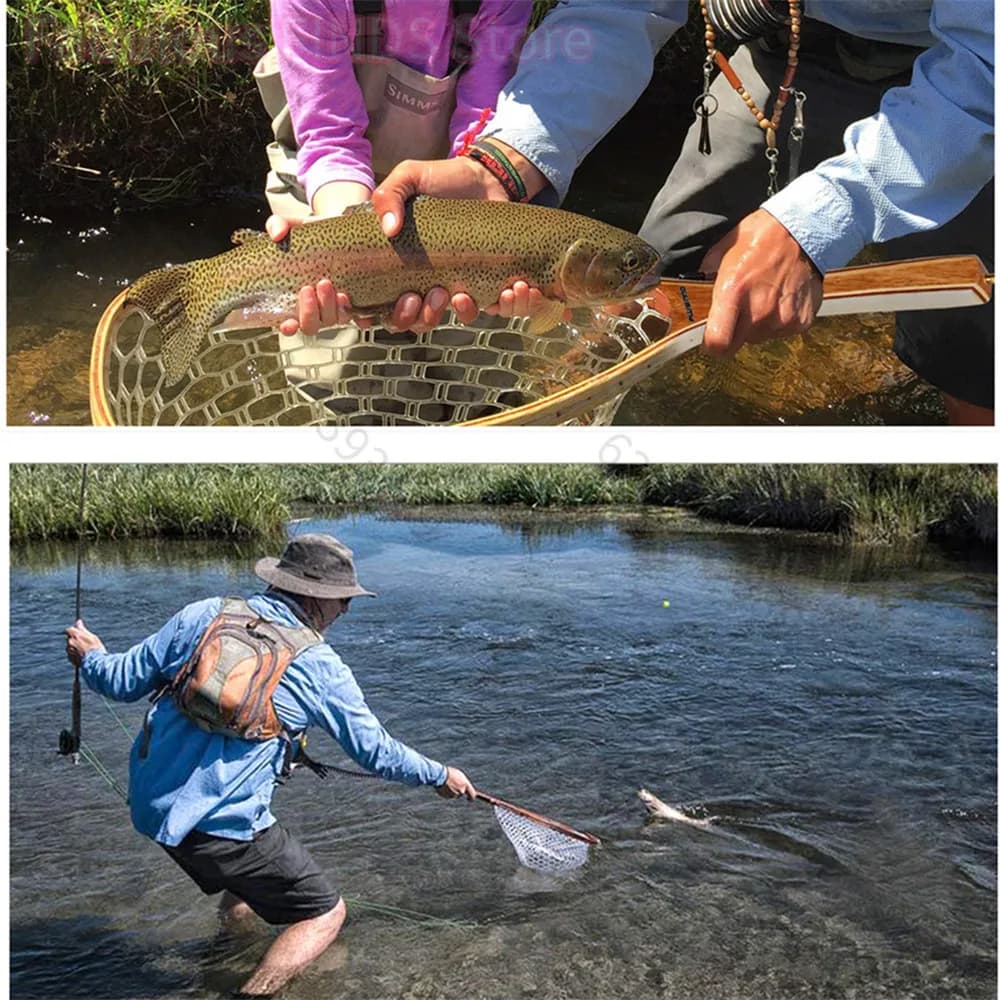 Épuisette pêche à la mouche manche bois maille caoutchouc transparent pour truite pêche no-kill rivière