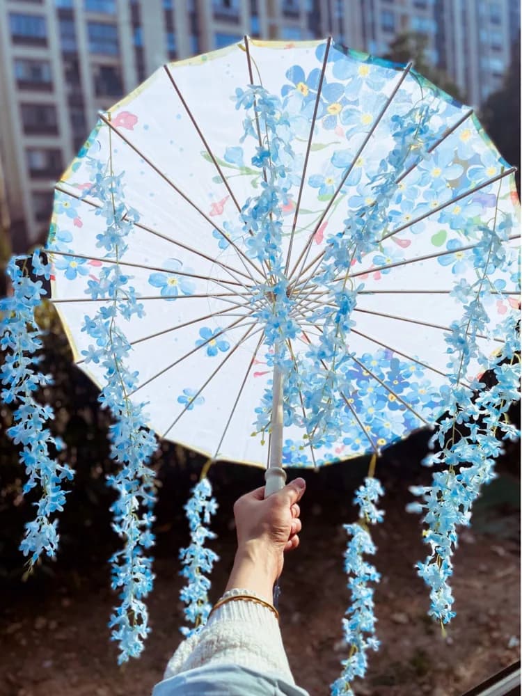 Parapluie Hanfu 82cm bleu ciel fleuri étanche cosplay japonais sakura printemps danse événements
