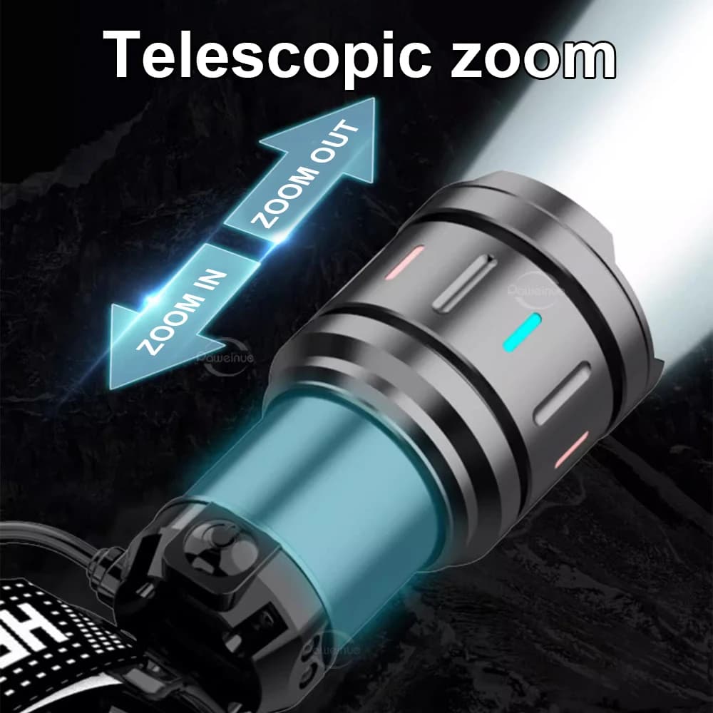 Nouvelle lampe frontale LED 800W 500 millions lumens zoomable 2025 pour pêche chasse