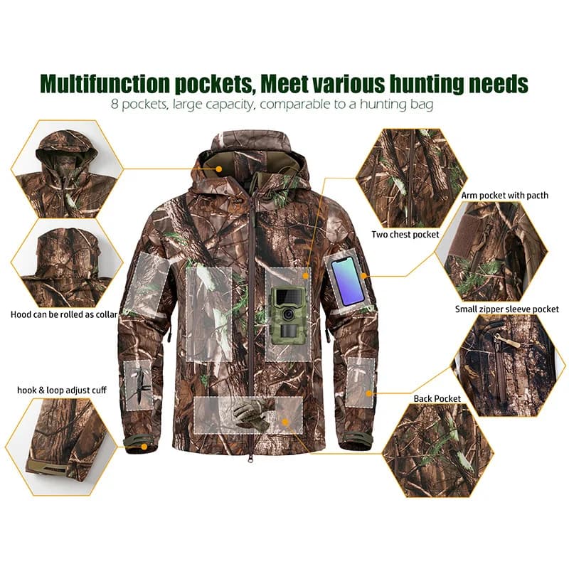 Veste de pêche camouflage silencieuse imperméable - Softshell polaire pour pêche discrète