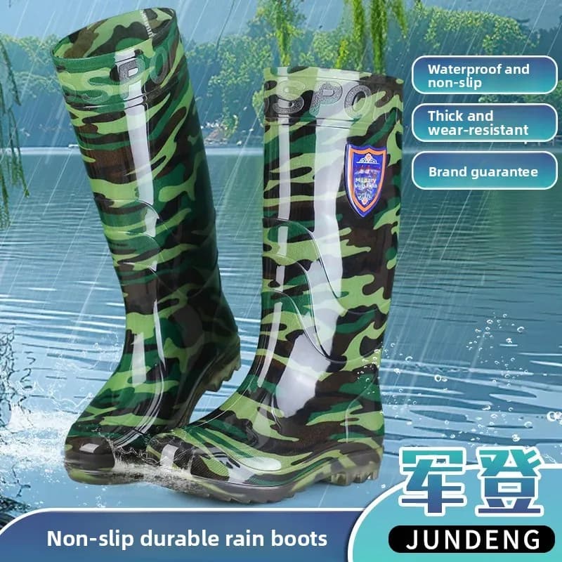 Bottes de pluie camouflage homme haut tube sécurité cuisine travail PVC genou adulte talon bas matériau tube