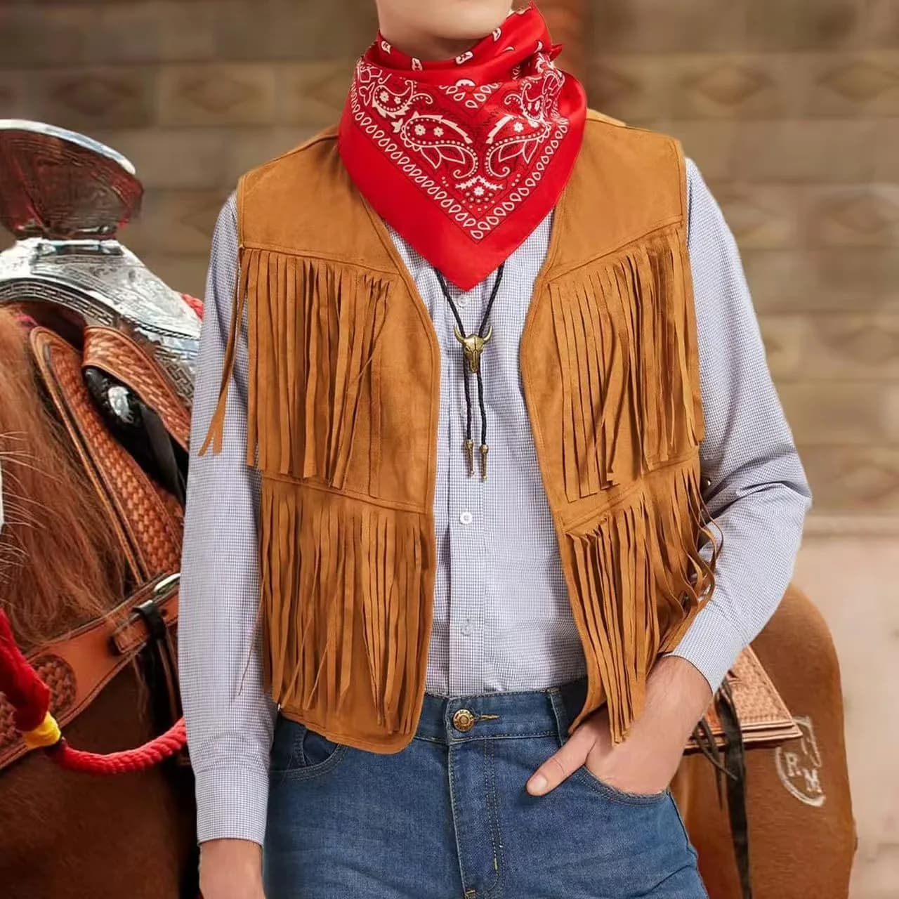 Veste frangée sans manches homme style cowboy western en suédine pour pêche couche aérée sans boutons