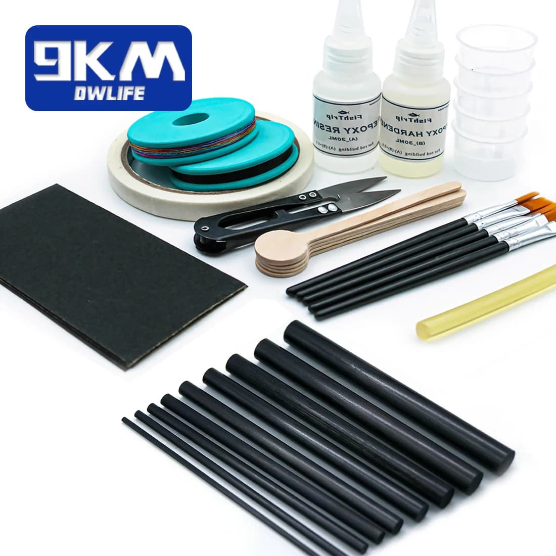 Kit réparation canne pêche complet époxy, 10 bâtons fibre carbone, colle AB, fil pour eau salée